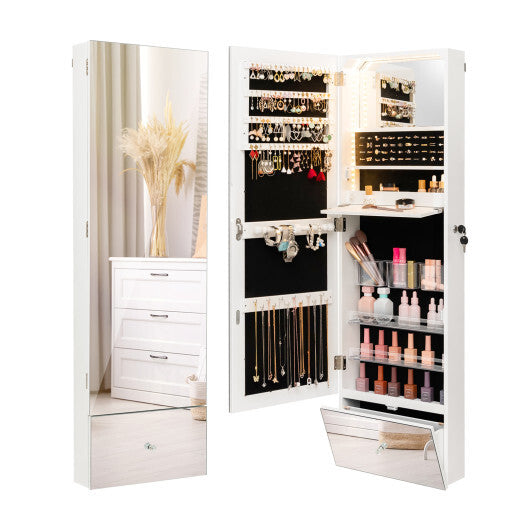 Wall Mounted Jewelry Armoire Organizer with Full-Length Frameless Mirror-White - Color: White