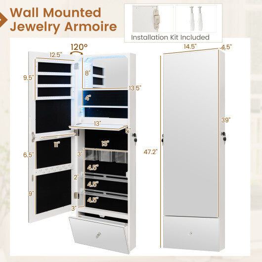 Wall Mounted Jewelry Armoire Organizer with Full-Length Frameless Mirror-White - Color: White